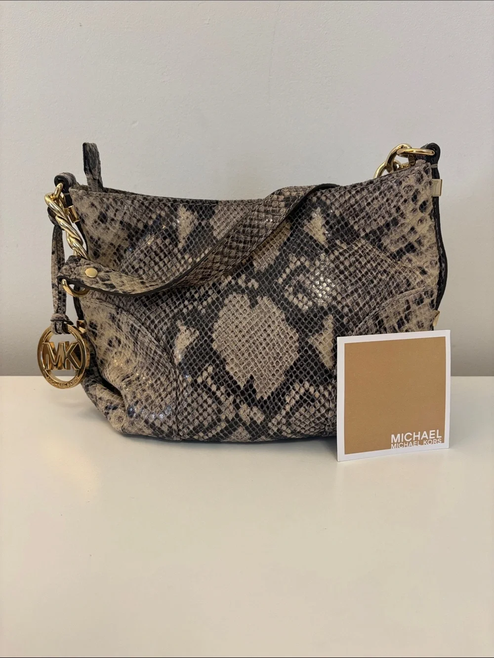 MICHAEL Michael Kors Snake-Print Beige and Black Hobo with Gold Hardware
